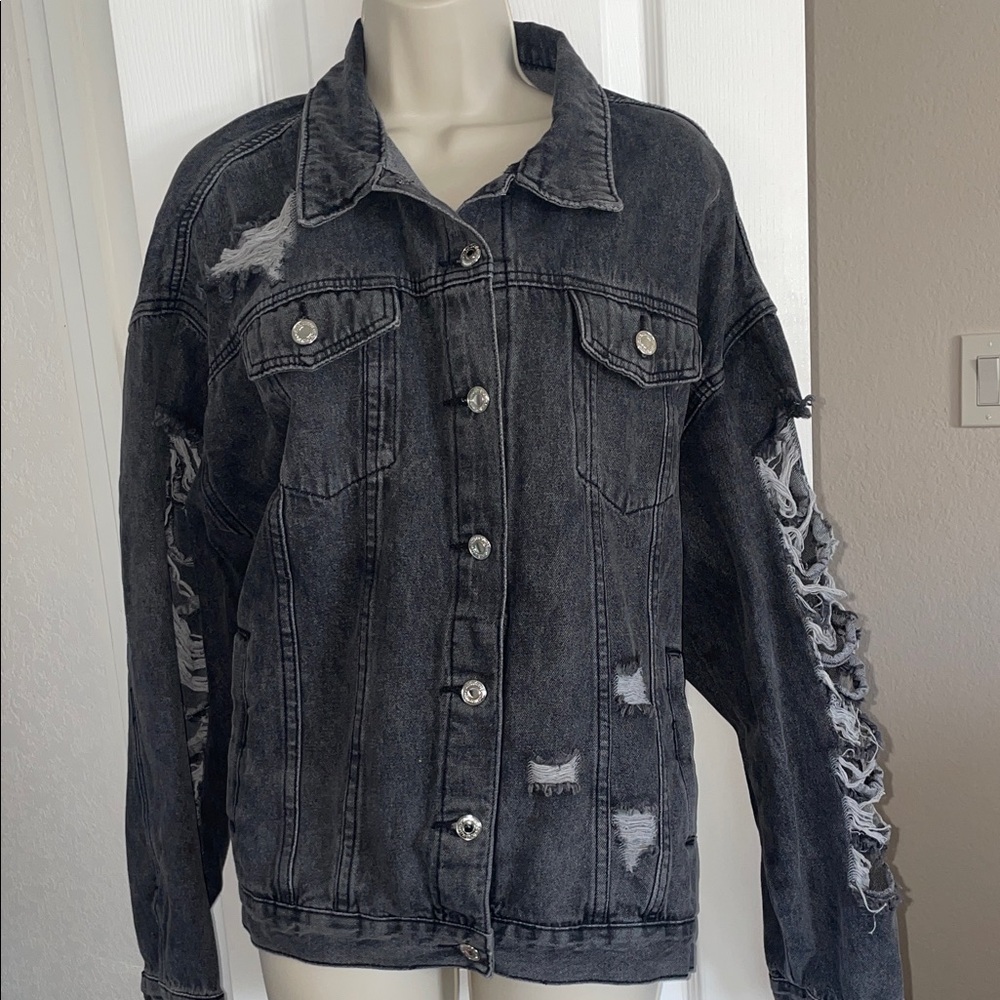 SHEIN Charcoal Distressed Denim Jacket #247